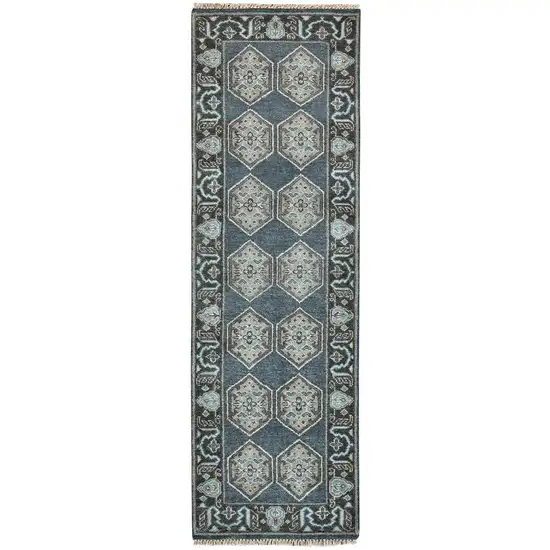 8' Beige Blue and Gray Medallion Hand Knotted Runner Rug With Fringe Photo 4