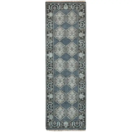 8' Beige Blue and Gray Medallion Hand Knotted Runner Rug With Fringe Photo 2