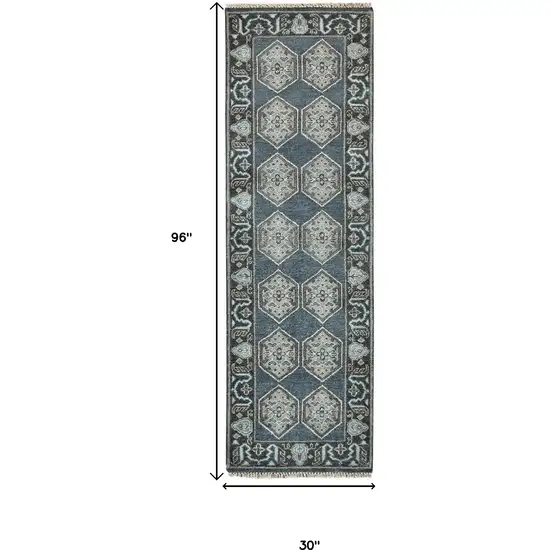 8' Beige Blue and Gray Medallion Hand Knotted Runner Rug With Fringe Photo 3