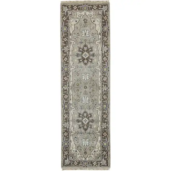 8' Beige Blue and Gray Medallion Hand Knotted Runner Rug With Fringe Photo 4