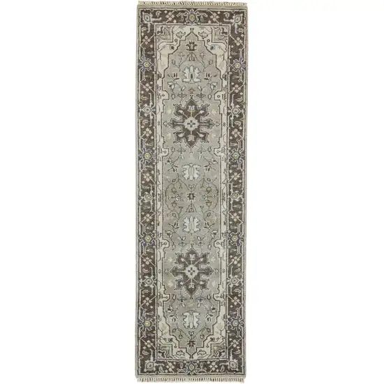 8' Beige Blue and Gray Medallion Hand Knotted Runner Rug With Fringe Photo 2