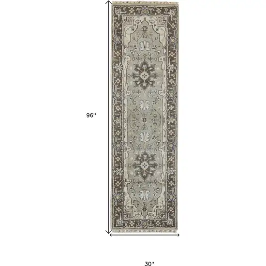 8' Beige Blue and Gray Medallion Hand Knotted Runner Rug With Fringe Photo 3