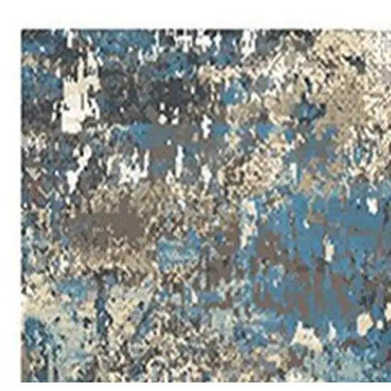 8' Beige Blue and Ivory Abstract Distressed Runner Rug With Fringe Photo 4