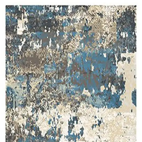 8' Beige Blue and Ivory Abstract Distressed Runner Rug With Fringe Photo 5