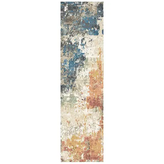 8' Beige Blue and Ivory Abstract Distressed Runner Rug With Fringe Photo 1