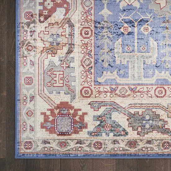 8' Beige Blue and Red Oriental Distressed Non Skid Runner Rug Photo 4