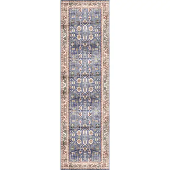 8' Beige Blue and Red Oriental Distressed Non Skid Runner Rug Photo 2