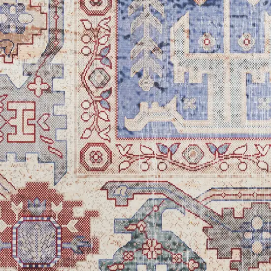 8' Beige Blue and Red Oriental Distressed Non Skid Runner Rug Photo 5