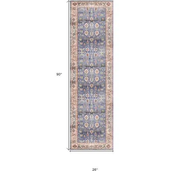 8' Beige Blue and Red Oriental Distressed Non Skid Runner Rug Photo 3