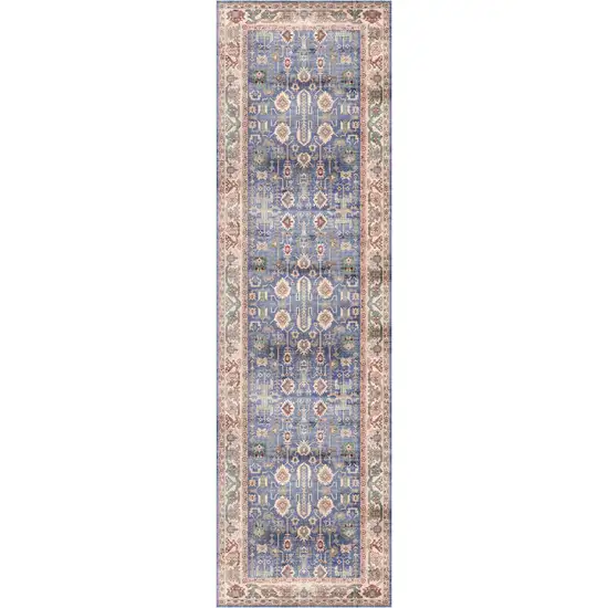 8' Beige Blue and Red Oriental Distressed Non Skid Runner Rug Photo 8