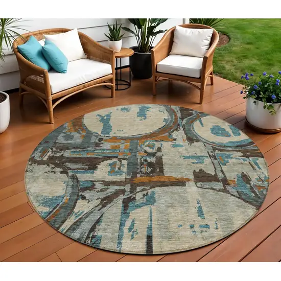 8' Beige Brown And Copper Round Geometric Washable Indoor Outdoor Area Rug Photo 1