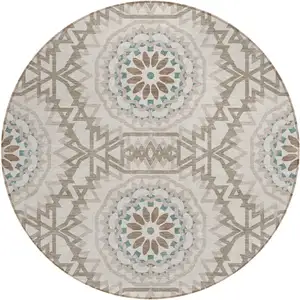 Photo of 8' Beige Brown And Teal Blue Round Floral Medallion Washable Indoor Outdoor Area Rug