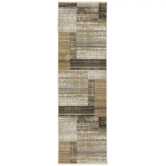 8' Beige Charcoal Brown Grey Tan Gold And Blue Geometric Power Loom Runner Rug With Fringe Photo 1