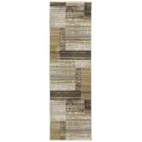 Photo of 8' Beige Charcoal Brown Grey Tan Gold And Blue Geometric Power Loom Runner Rug With Fringe