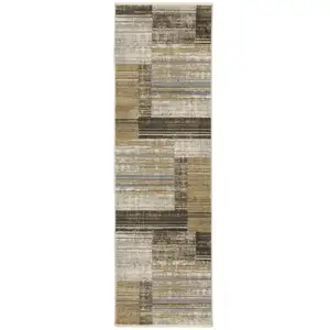 Photo of 8' Beige Charcoal Brown Grey Tan Gold And Blue Geometric Power Loom Runner Rug With Fringe