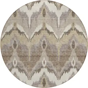 Photo of 8' Beige Chocolate And Taupe Round Ikat Washable Indoor Outdoor Area Rug