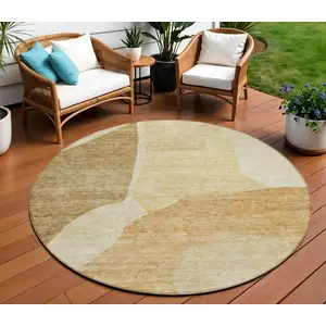 Photo of 8' Beige Copper And Brown Round Abstract Washable Indoor Outdoor Area Rug