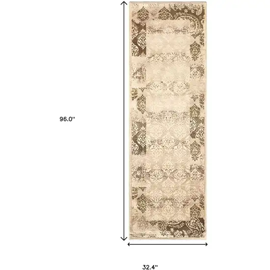 8' Beige Damask Power Loom Distressed Stain Resistant Runner Rug Photo 6