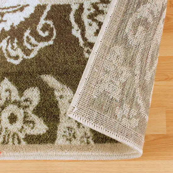 8' Beige Damask Power Loom Distressed Stain Resistant Runner Rug Photo 5