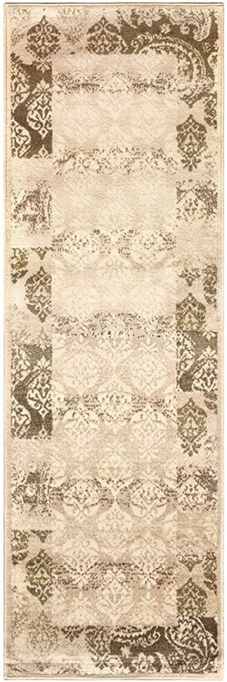 8' Beige Damask Power Loom Distressed Stain Resistant Runner Rug Photo 1