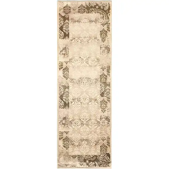 8' Beige Damask Power Loom Distressed Stain Resistant Runner Rug Photo 1