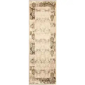 Photo of 8' Beige Damask Power Loom Distressed Stain Resistant Runner Rug