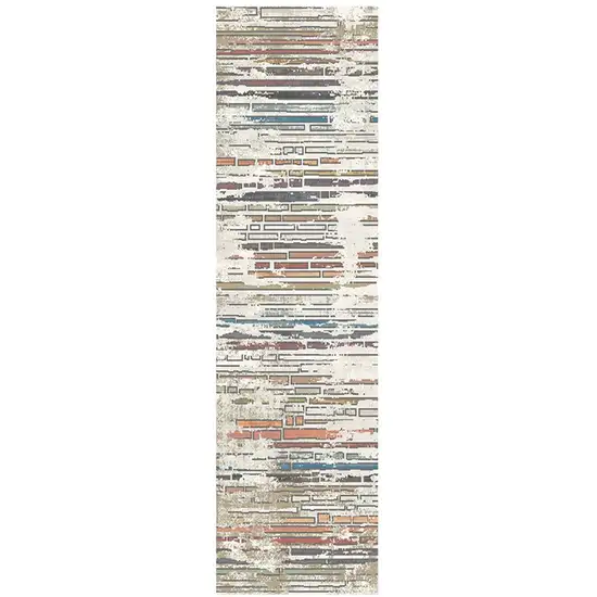 8' Beige Geometric Distressed Runner Rug With Fringe Photo 2