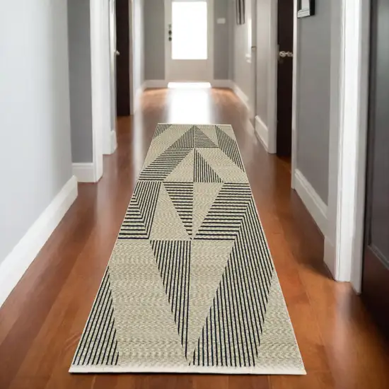 8' Beige Geometric Runner Rug With Fringe Photo 1