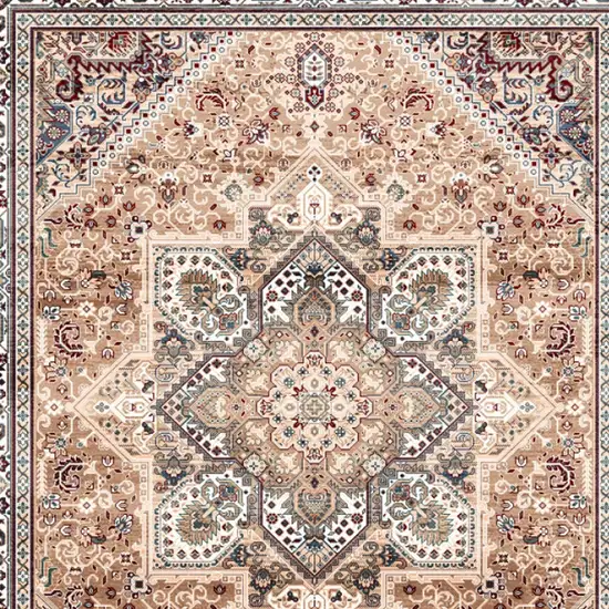 8' Beige Gold and Red Floral Medallion Distressed Non Skid Runner Rug Photo 8