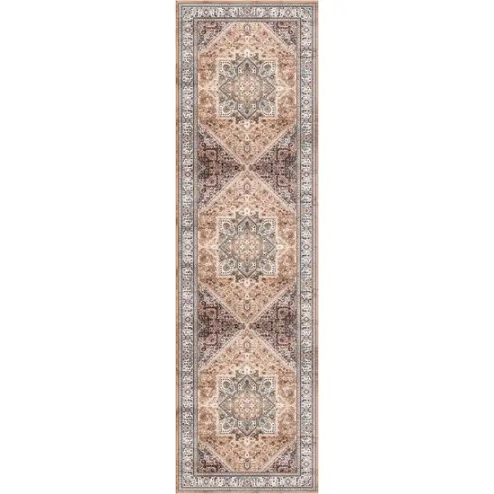 8' Beige Gold and Red Floral Medallion Distressed Non Skid Runner Rug Photo 2