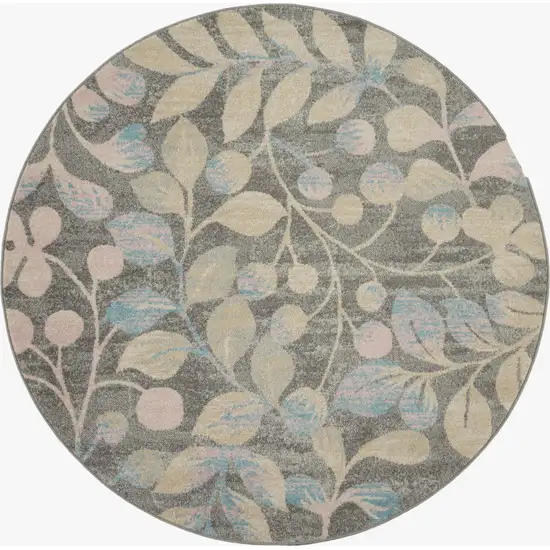 5' Beige Gray And Blue Botanical Leaves Round Rug Photo 2