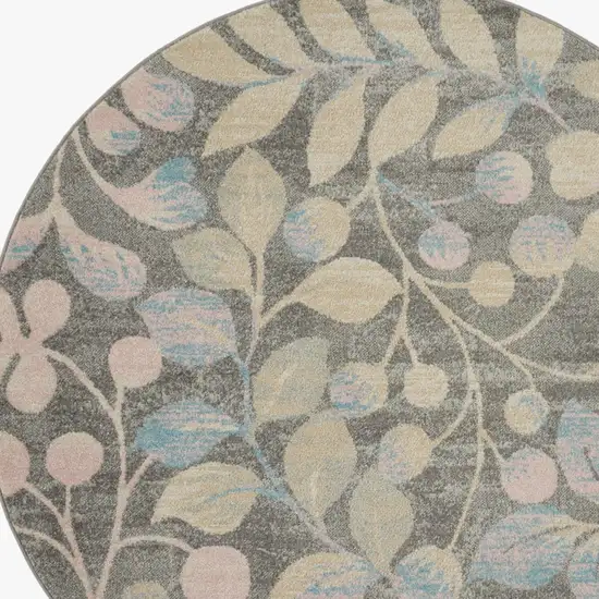 5' Beige Gray And Blue Botanical Leaves Round Rug Photo 8