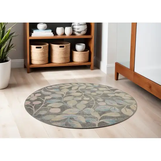 5' Beige Gray And Blue Botanical Leaves Round Rug Photo 1