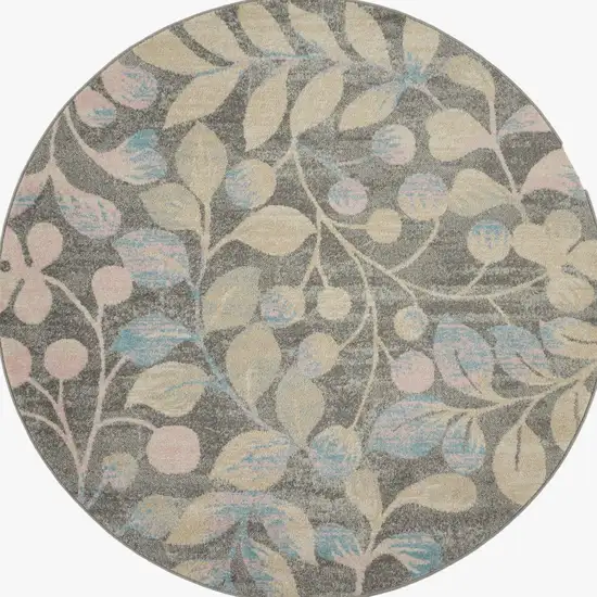 5' Beige Gray And Blue Botanical Leaves Round Rug Photo 9