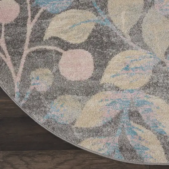 5' Beige Gray And Blue Botanical Leaves Round Rug Photo 4