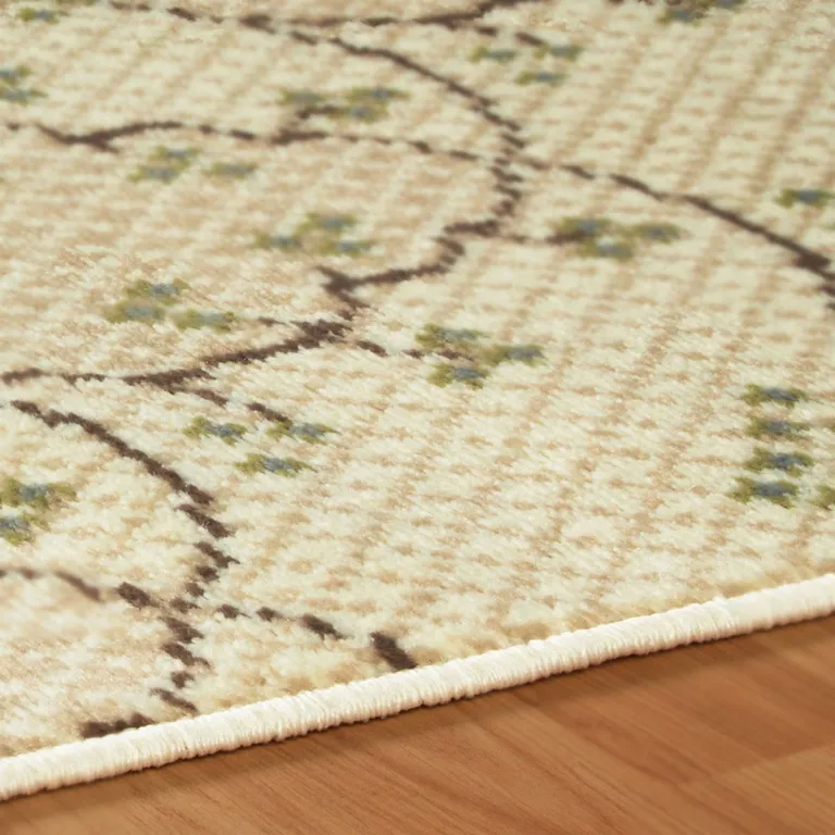 8' Beige Green And Brown Floral Vine Stain Resistant Runner Rug Photo 3