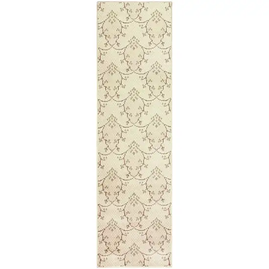 8' Beige Green And Brown Floral Vine Stain Resistant Runner Rug Photo 1