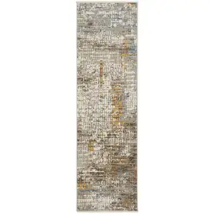 Photo of 8' Beige Grey Brown Gold Red And Blue Abstract Power Loom Runner Rug With Fringe