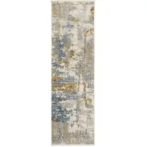 Photo of 8' Beige Grey Gold Blue Rust And Teal Abstract Power Loom Runner Rug With Fringe