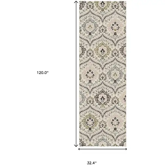 10' Beige Ivory And Brown Floral Stain Resistant Runner Rug Photo 5