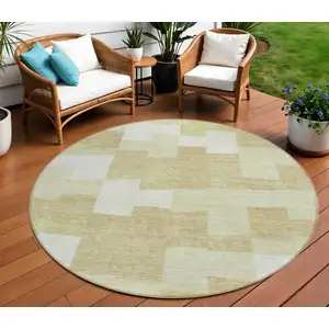 Photo of 8' Beige Ivory And Brown Round Geometric Washable Indoor Outdoor Area Rug