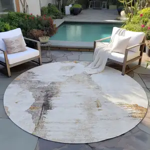 Photo of 8' Beige Ivory And Taupe Round Abstract Washable Indoor Outdoor Area Rug