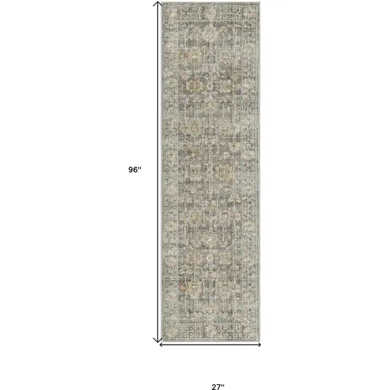 8' Beige Ivory and Gray Oriental Power Loom Distressed Runner Rug With Fringe Photo 7