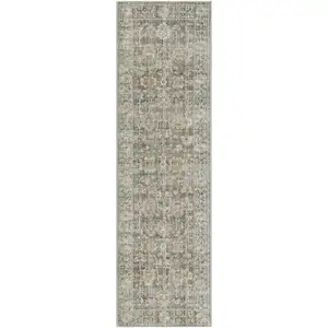 Photo of 8' Beige Ivory and Gray Oriental Power Loom Distressed Runner Rug With Fringe