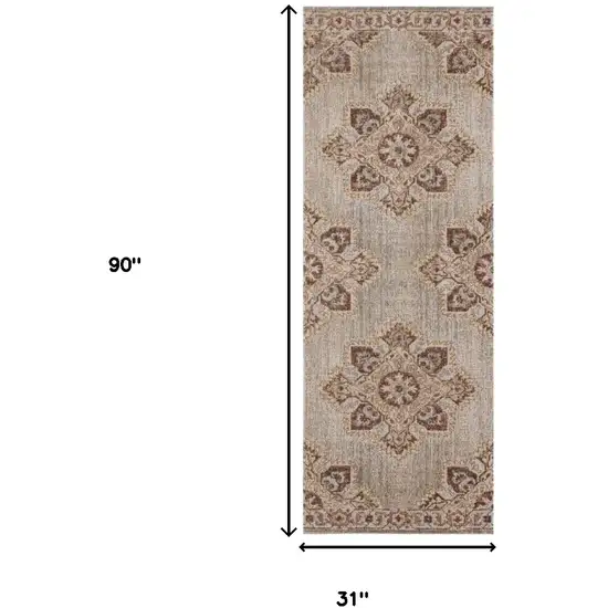 7' Beige Medallion Power Loom Runner Rug With Fringe Photo 7