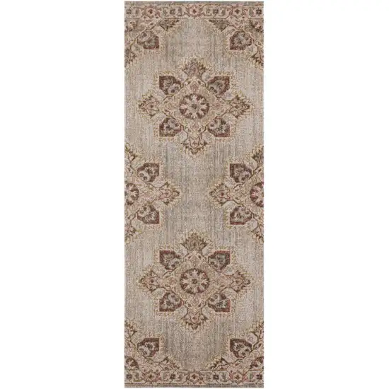 7' Beige Medallion Power Loom Runner Rug With Fringe Photo 1