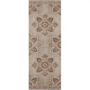 Photo of 7' Beige Medallion Power Loom Runner Rug With Fringe