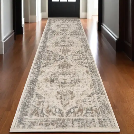 10' Gray and Light Beige Medallion Power Loom Runner Rug Photo 1