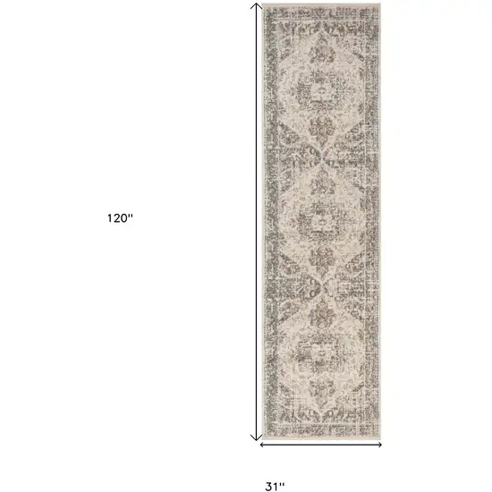 10' Beige Medallion Power Loom Runner Rug Photo 6