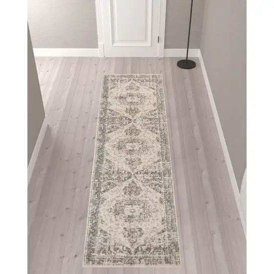 10' Beige Medallion Power Loom Runner Rug Photo 2